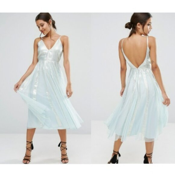 NWT ASOS Metallic and Light Blue Fit and Flare Midi Dress Sz 4 - Picture 1 of 17